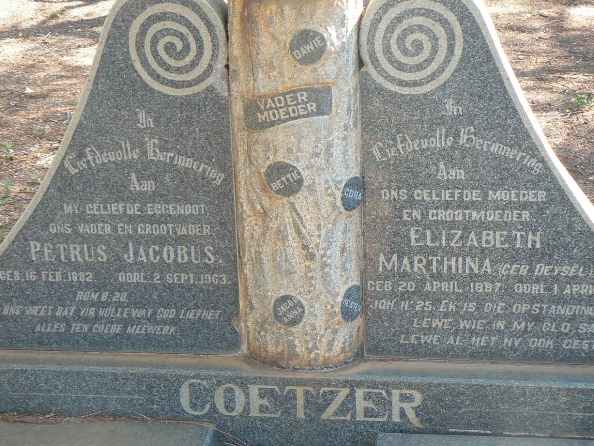 COETZER Petrus Jacobus 1882-1963 &amp; Elizabeth Marthina DEYSEL 1887-1967