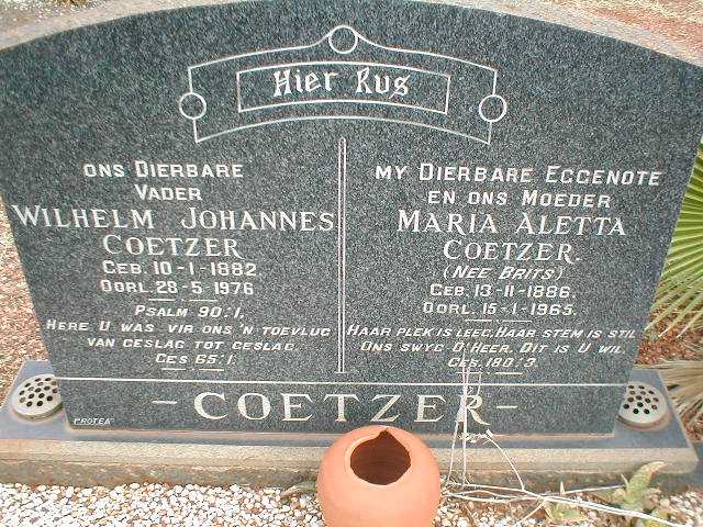 COETZER Wilhelm Johannes 1882-1976 &amp; Maria Aletta BRITS 1886-1965