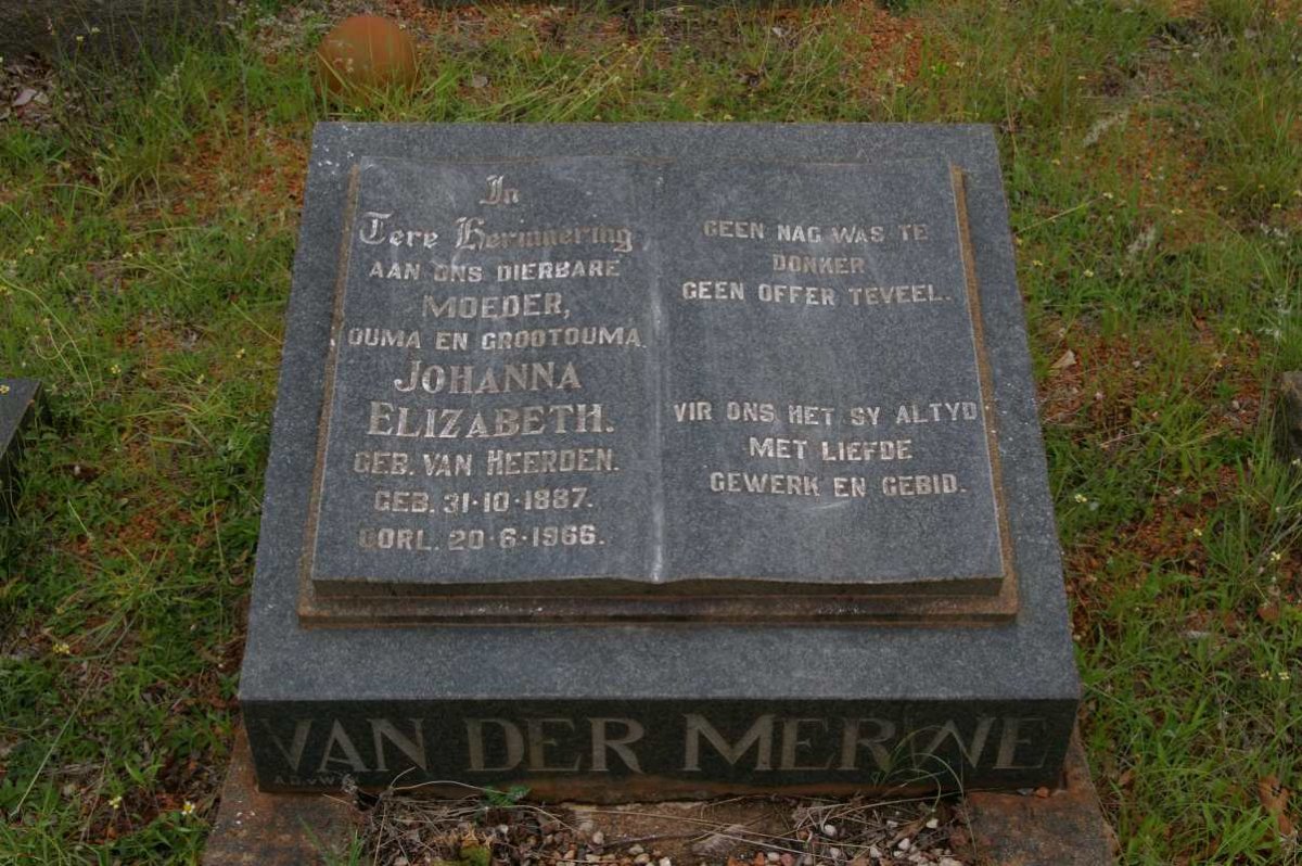 MERWE Johanna Elizabeth, van der nee VAN HEERDEN 1887-1966