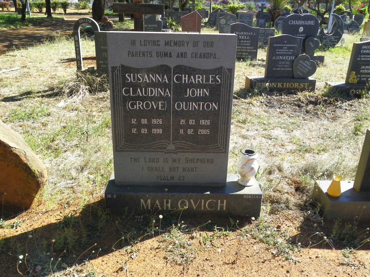 MAILOVICH Charles John Quinton 1926-2005 &amp; Susanna Claudina GROVE 1926-1998