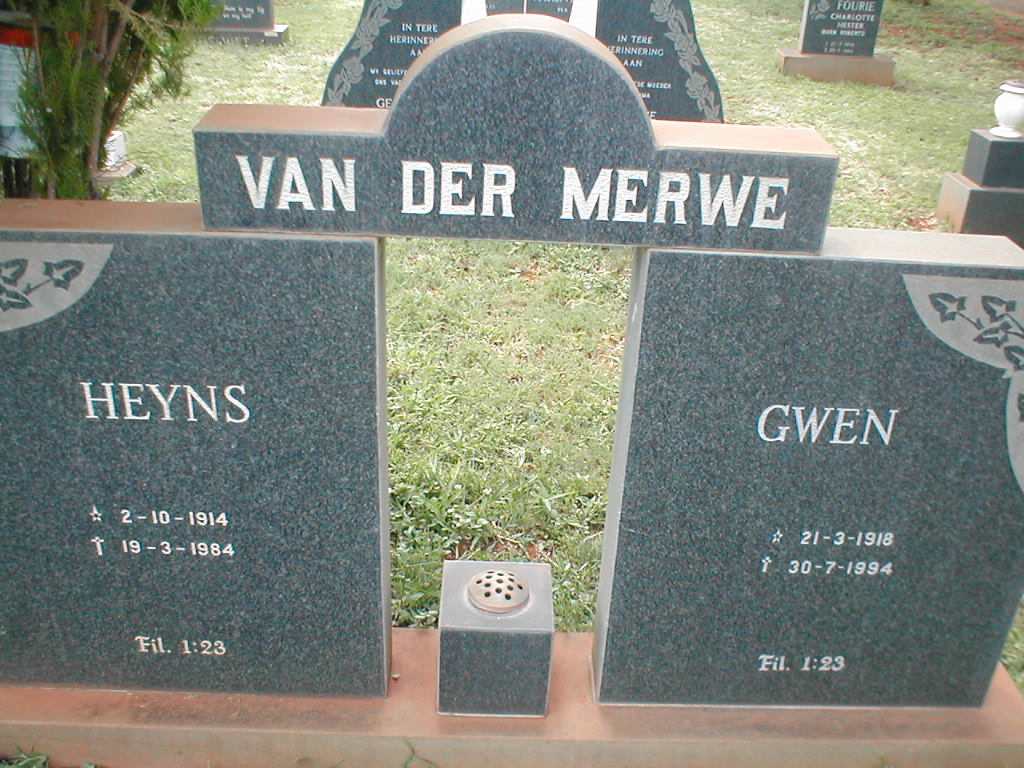 MERWE Heyns, van der 1914-1984 &amp; Gwen 1918-1994