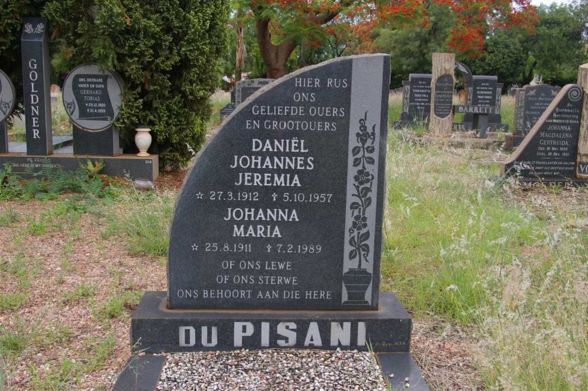 PISANI Daniel Johannes Jeremia, du 1912-1957 &amp; Johanna Maria 1911-1989