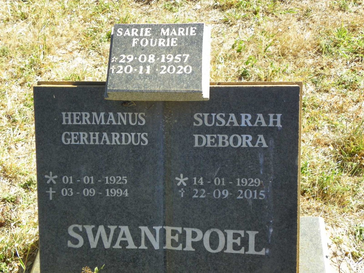 SWANEPOEL Hermanus Gerhardus 1925-1994 &amp; Susarah Debora 1929-2015 :: FOURIE Sarie Marie 1957-2020