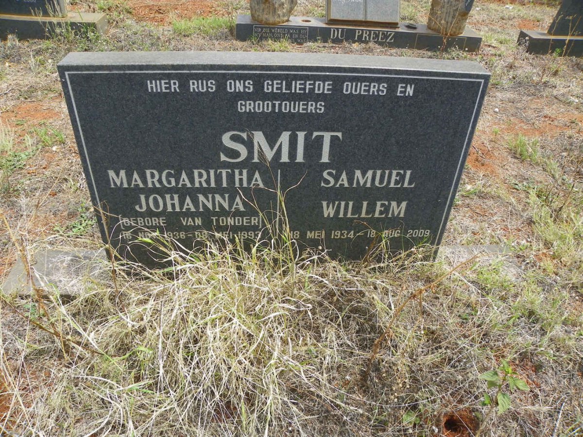 SMIT Samuel Willem 1934-2009 &amp; Margaritha Johanna VAN TONDER 1936-1993