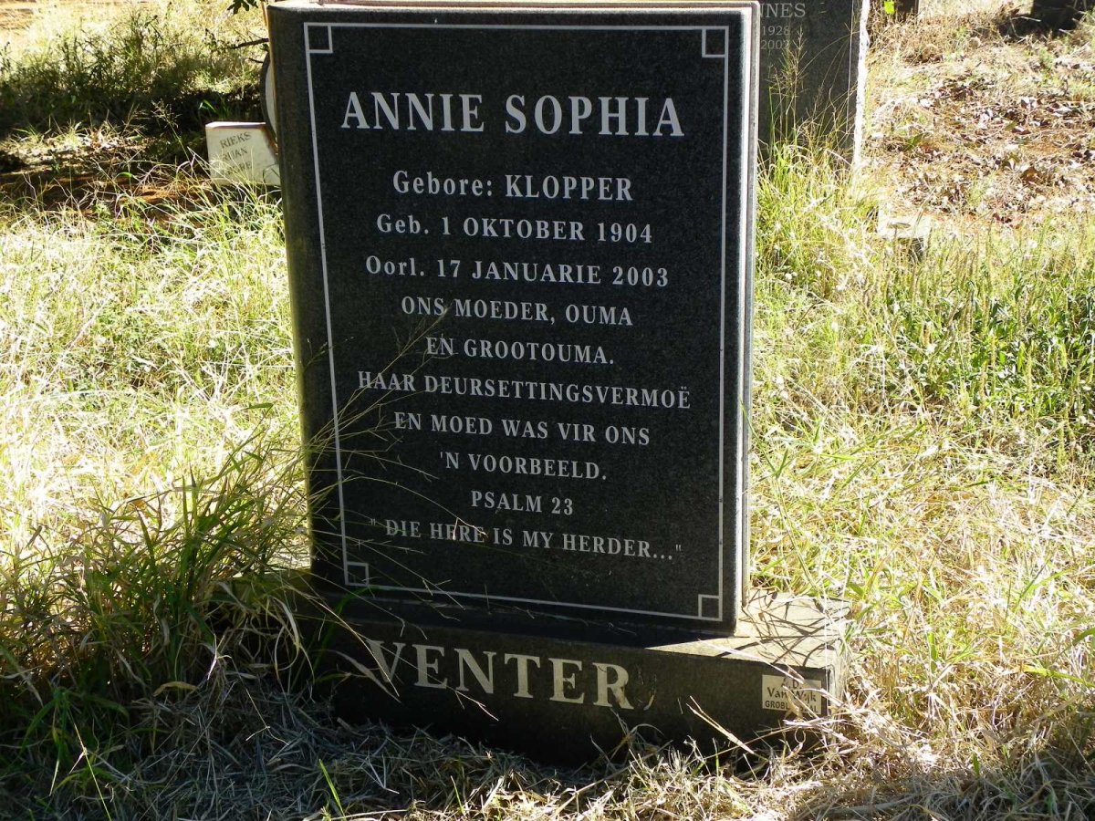VENTER Annie Sophia nee KLOPPER 1904-2003