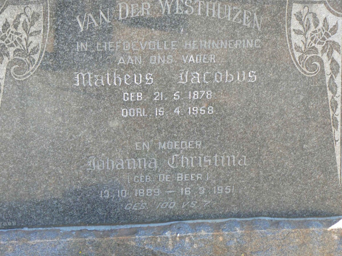 WESTHUIZEN Matheus Jacobus, van der 1878-1968 &amp; Johanna Christina DE BEER 1889-1951