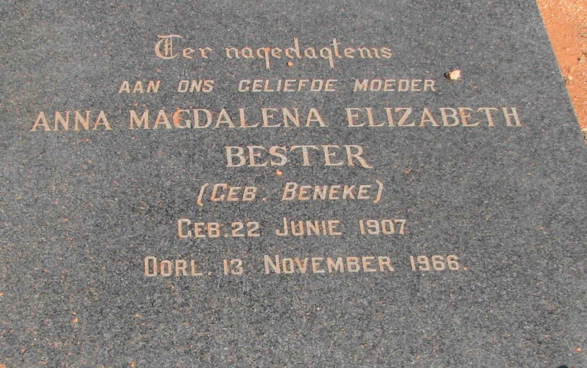 BESTER Anna Magdalena Elizabeth nee BENEKE 1907-1966