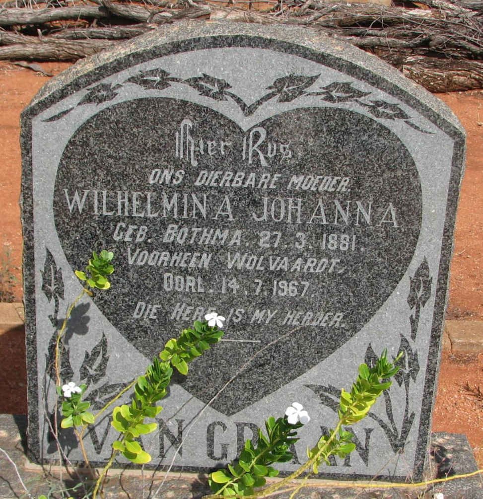 GRAAN Wilhelmina Johanna, van formerly WOLVAARDT nee BOTHMA 1881-1967