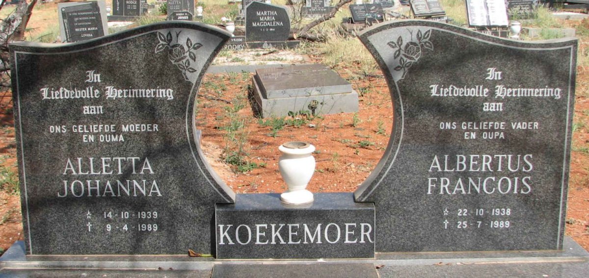 KOEKEMOER Albertus Francois 1938-1989 &amp; Alletta Johanna 1939-1989
