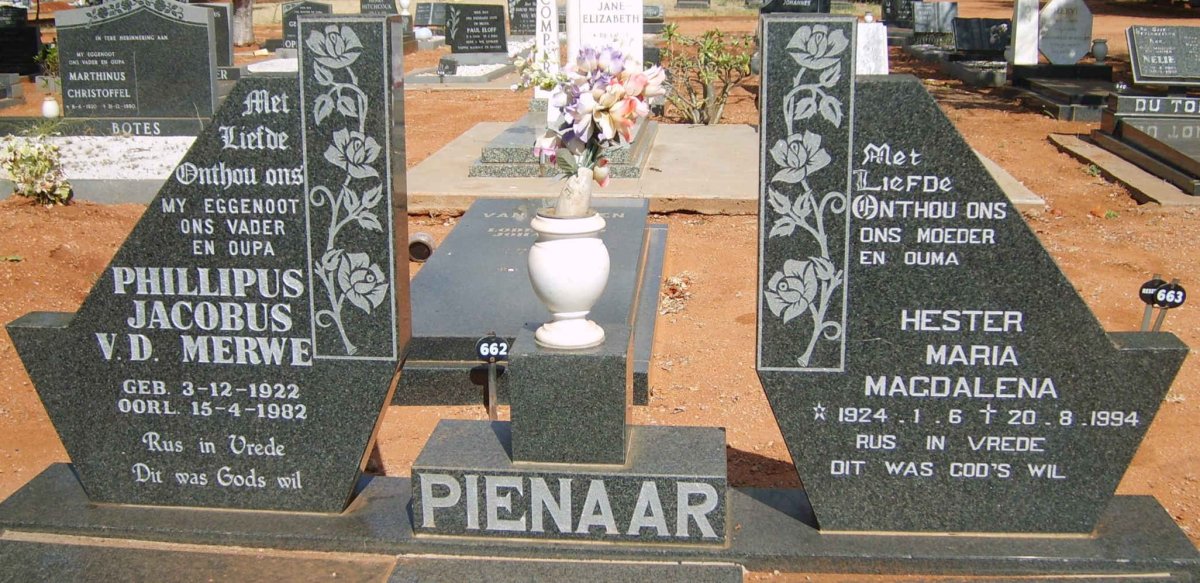 PIENAAR Phillipus Jacobus v.d.Merwe 1922-1982 &amp; Hester Maria Magdalena 1924-1994