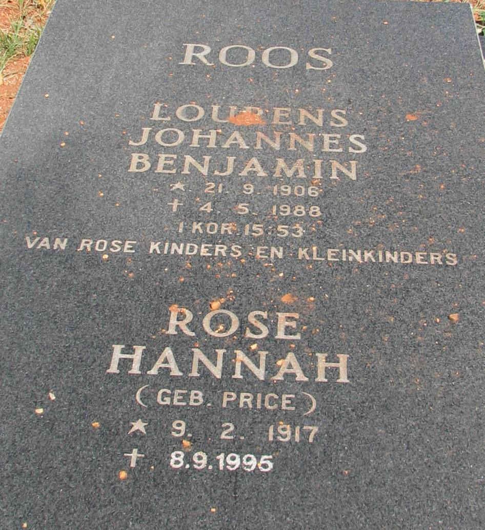 ROOS Lourens Johannes Benjamin 1906-1988 &amp; Rose Hannah PRICE 1917-1995