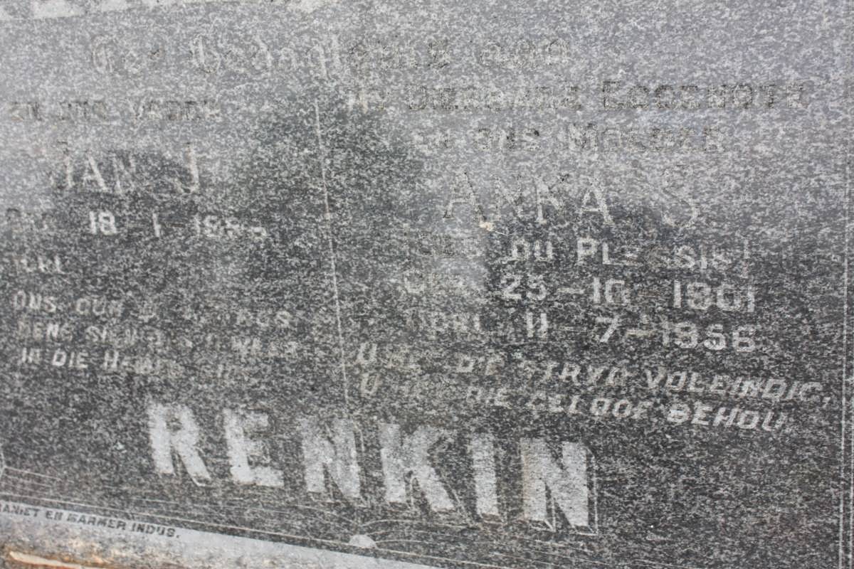 RENKIN Jan J. 1900- &amp; Anna S. DU PLESSIS 1901-1956