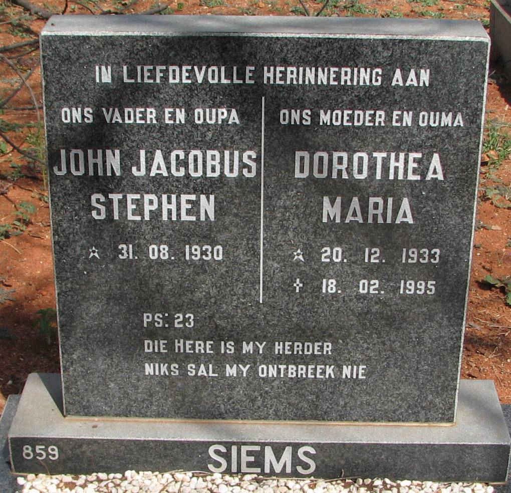 SIEMS John Jacobus Stephen 1930- &amp; Dorothea Maria 1933-1995