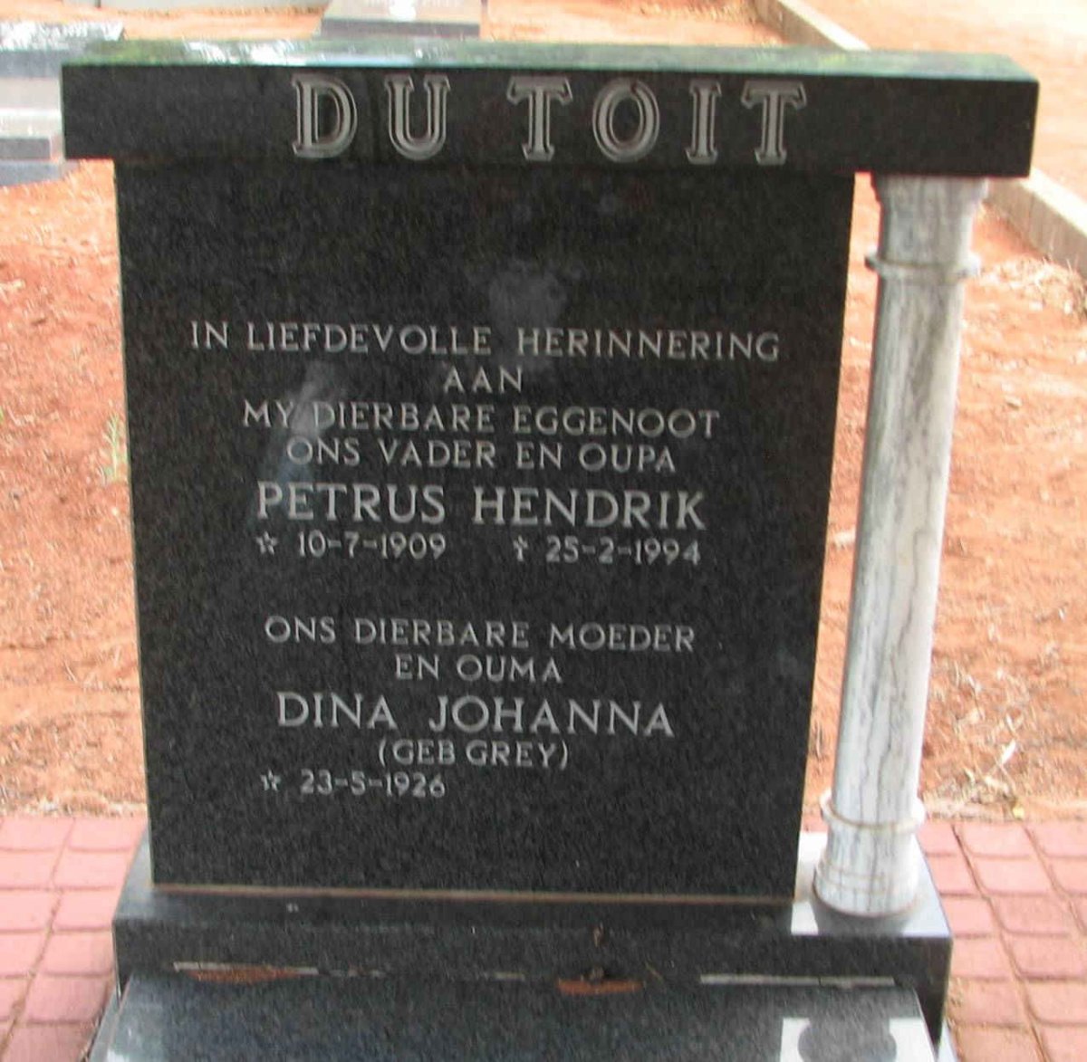 TOIT Petrus Hendrik, du 1909-1994 &amp; Dina Johanna GREY 1926-
