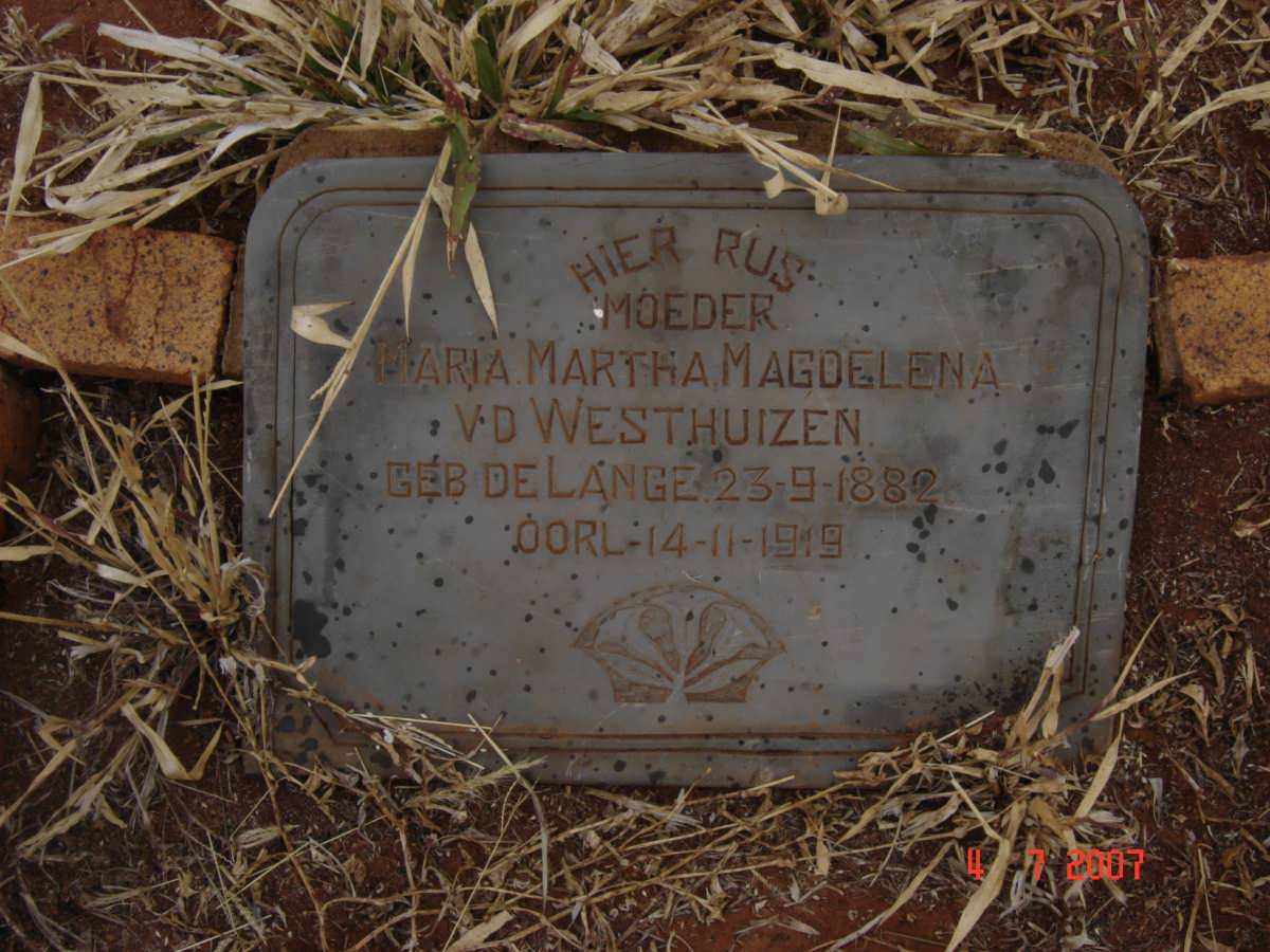 WESTHUIZEN Maria Martha Magdelena, v.d. nee DE LANGE 1882-1919