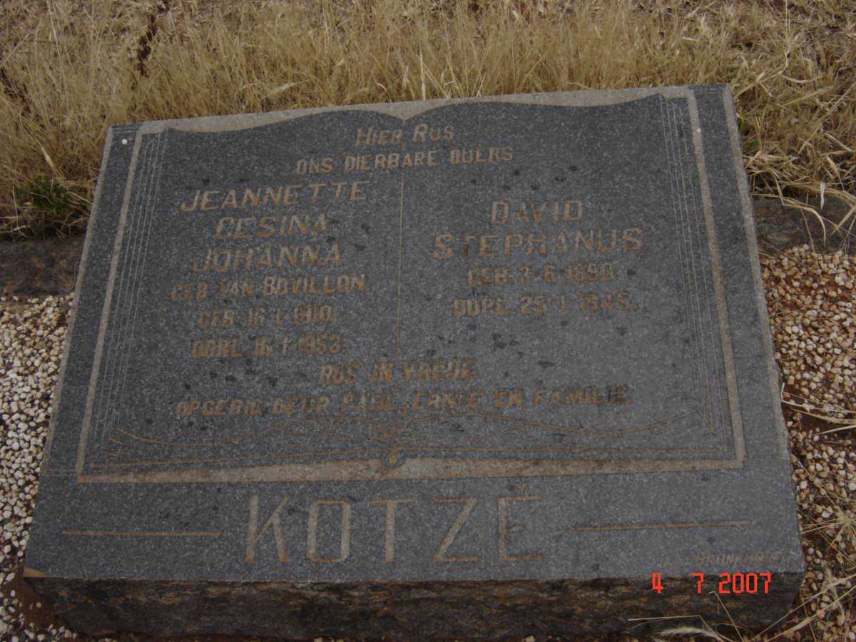 KOTZE David Stephanus 1890-1945 &amp; Jeannette Gesina Johanna VAN BOVILLON 1918-1953
