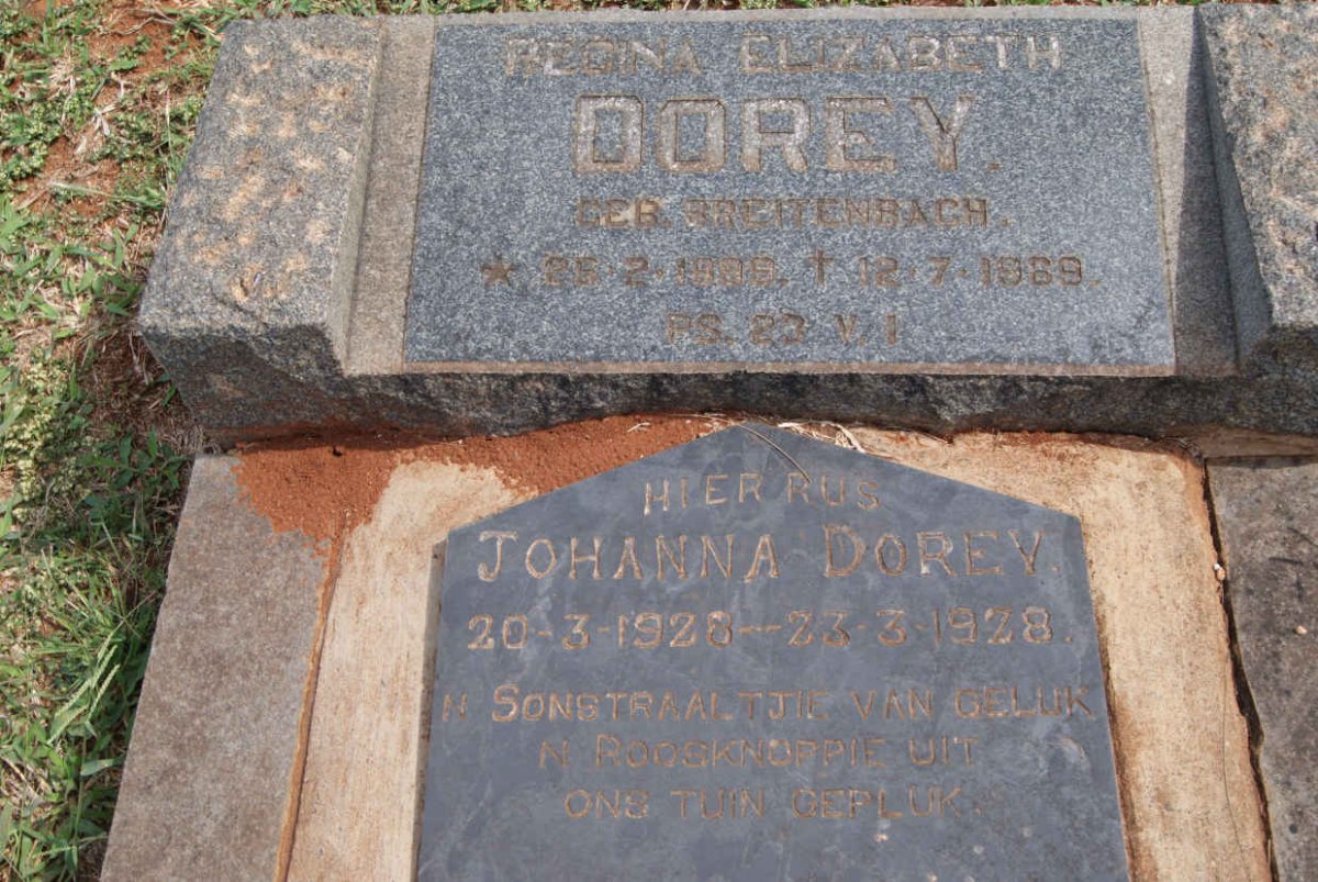 DOREY Regina Elizabeth nee BREITENBACH 1899-1969 :: DOREY Johanna 1928-1928