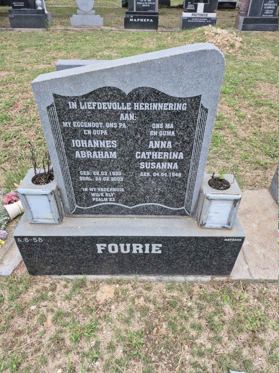 FOURIE Johannes Abraham 1930-2003 & Anna Catherina Susanna 1948-