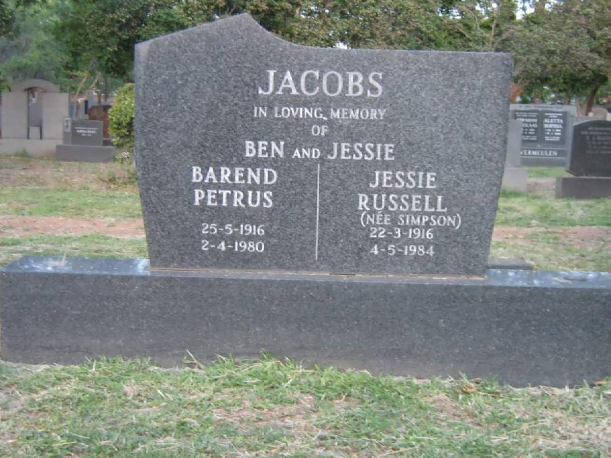 JACOBS Barend Petrus 1916-1980 &amp; Jessie Russell SIMPSON 1916-1984