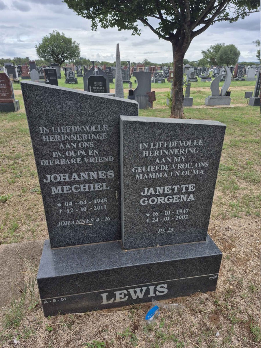 LEWIS Johannes Mechiel 1945-2011 & Janette Gorgena 1947-2002