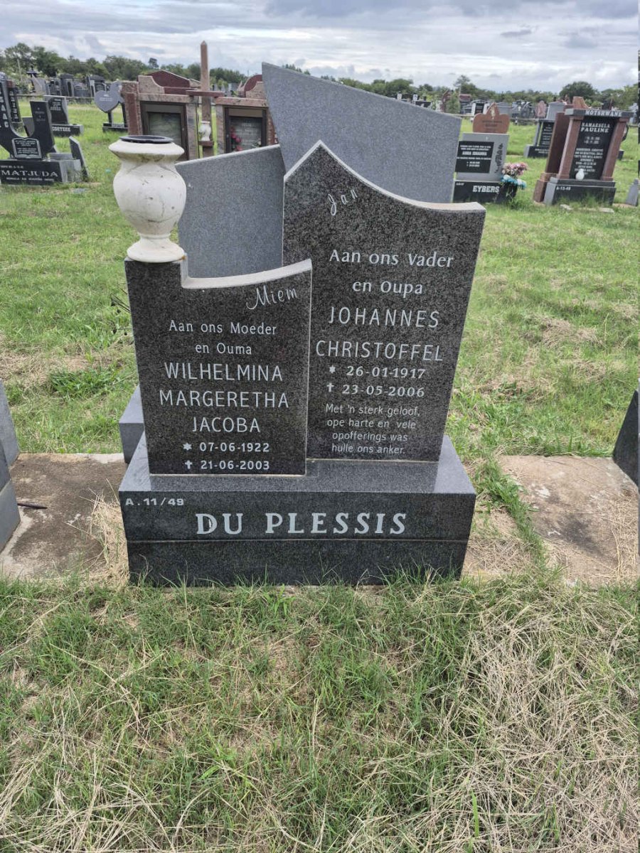 PLESSIS Johannes Christoffel, du 1917-2006 & Wilhelmina Margeretha Jacoba 1922-2003