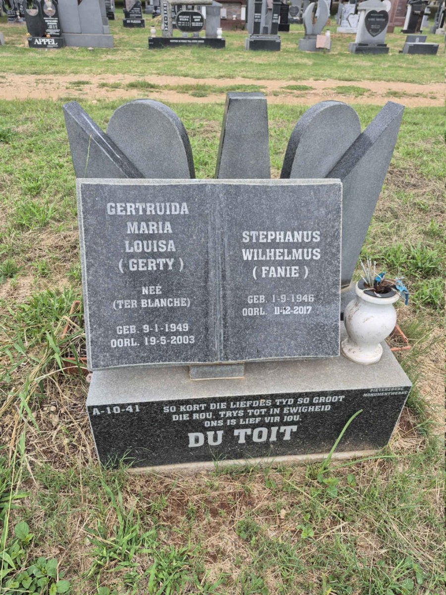 TOIT Stephanus Wilhelmus, du 1946-2017 & Gertruida Maria Louisa TERBLANCHE 1949-2003 