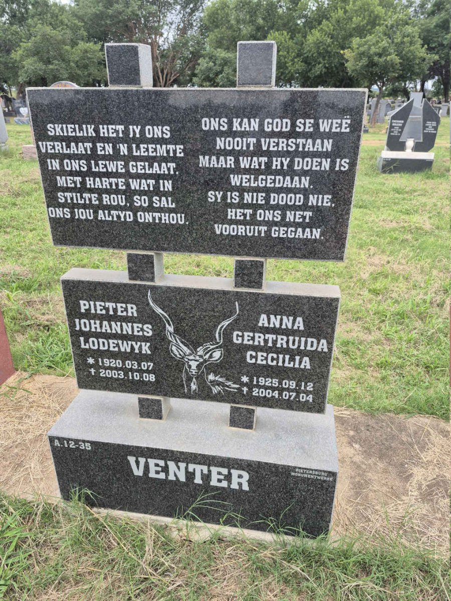 VENTER Pieter Johannes Lodewyk 1920-2003 & Anna Gertruida Cecilia 1925-2004
