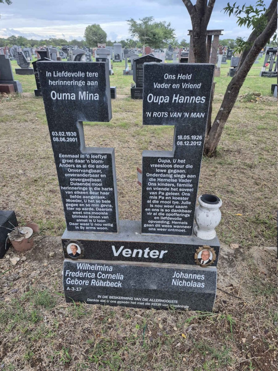 VENTER Johannes Nicholaas 1926-2012 & Wilhelmina Frederica Cornelia ROHRBECK 1930-2001 