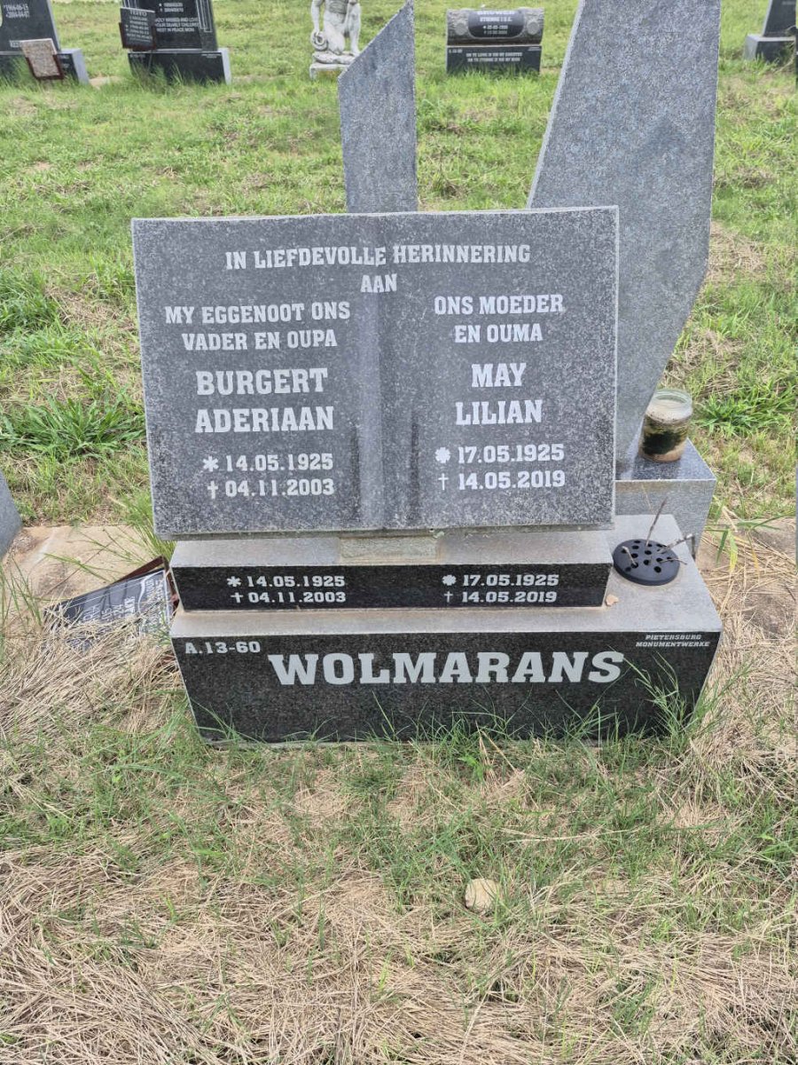 WOLMARANS Burgert Aderiaan 1925-2003 & May Lilian 1925-2019