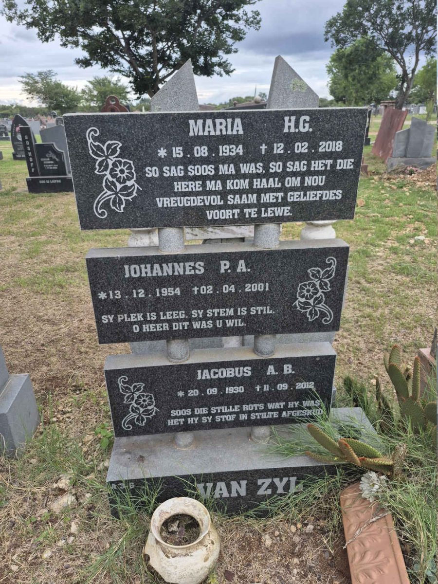 ZYL Jacobus A.B., van 1930-2012 & Maria H.G. 1934-2018 :: VAN ZYL Johannes P.A. 1954-2001