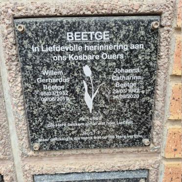 BEETGE Willem Gerhardus 1932-2019 & Johanna Catharina 1932-2020
