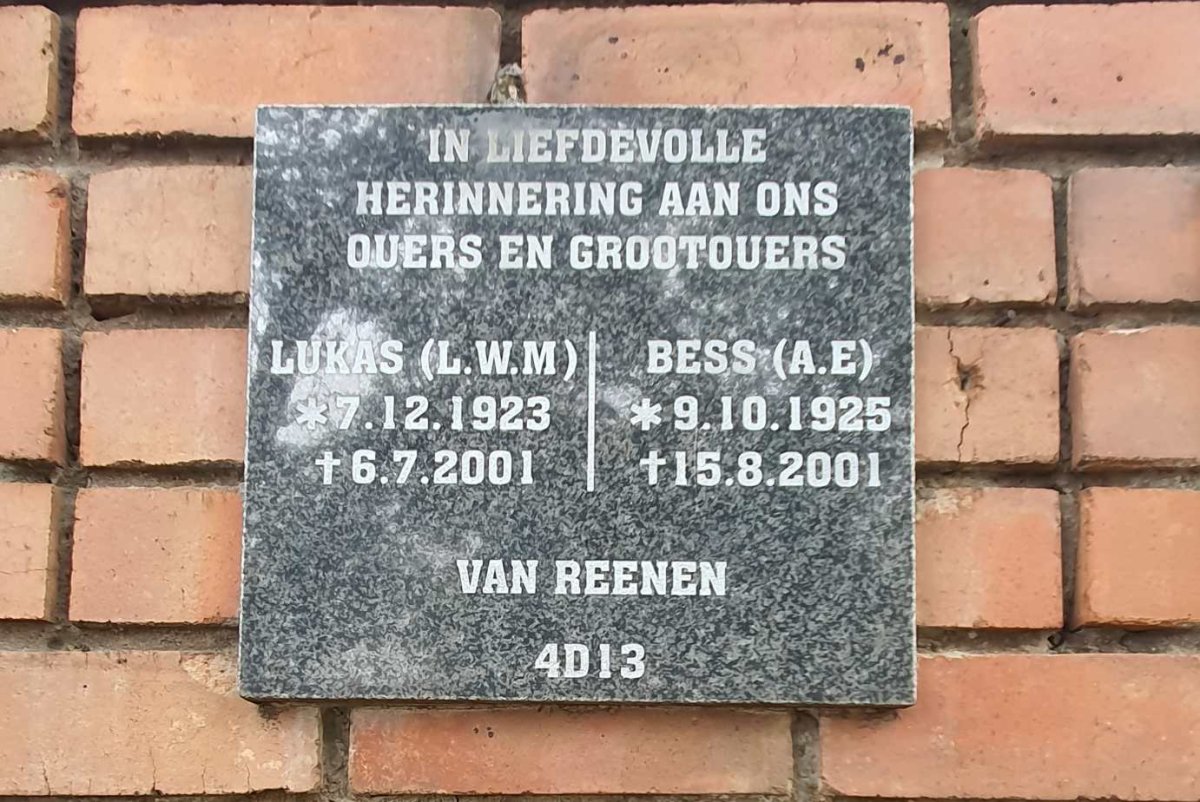 REENEN Lukas L.W.M., van 1923-2001 & Bess A.E., 1925-2001