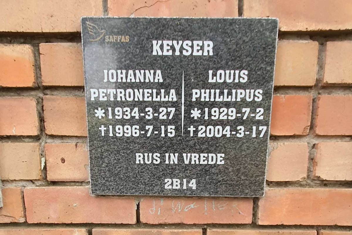 KEYSER Louis Phillipus 1929-2004 & Johanna Petronella 1934-1996