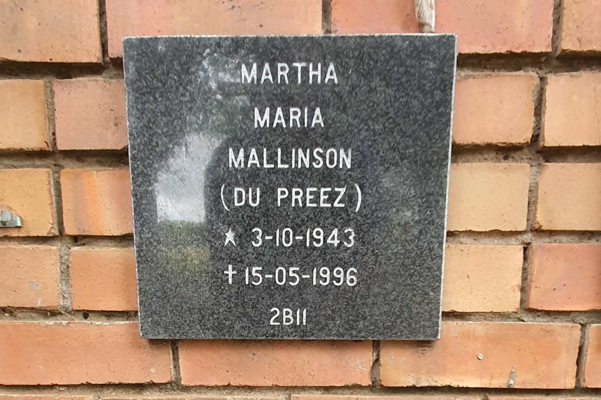 MALLINSON Martha Maria nee DU PREEZ 1943-1996