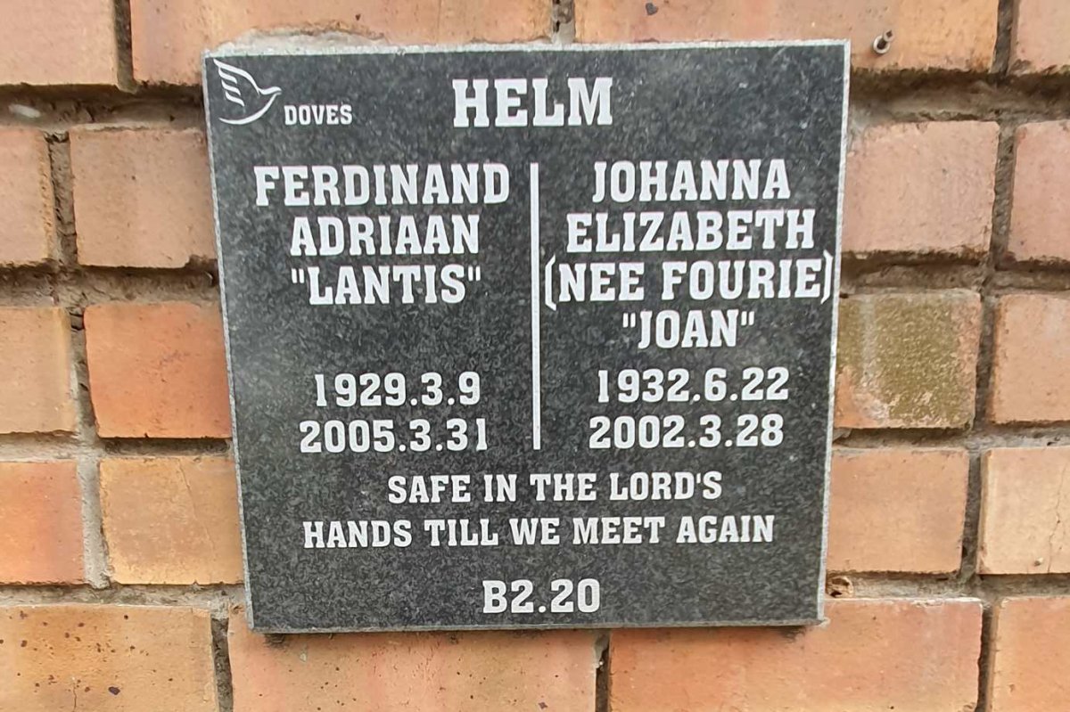 HELM Ferdinand Adriaan 1929-2005 & Johanna Elizabeth 1932-2002