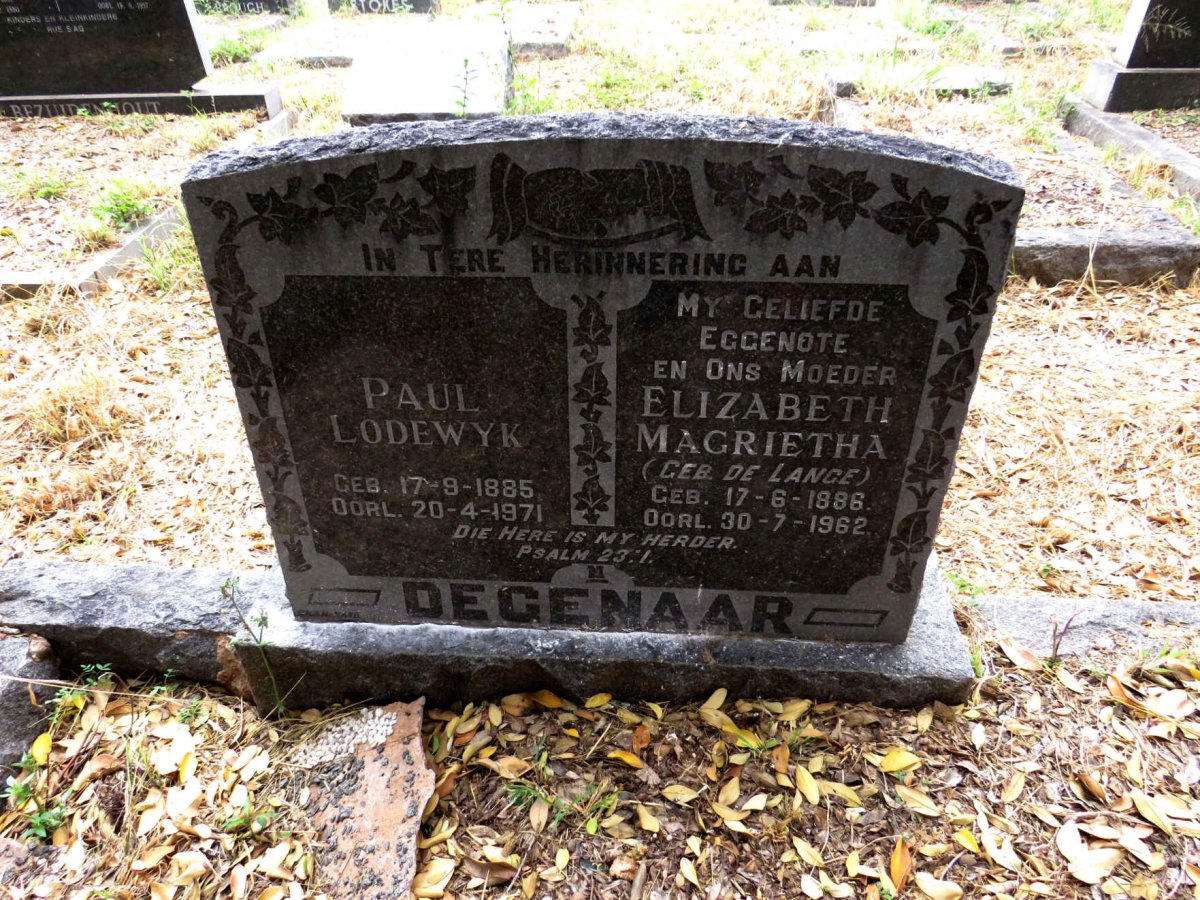 DEGENAAR Paul Lodewyk 1885-1971 & Elizabeth Magrietha DE LANGE 1886-1962