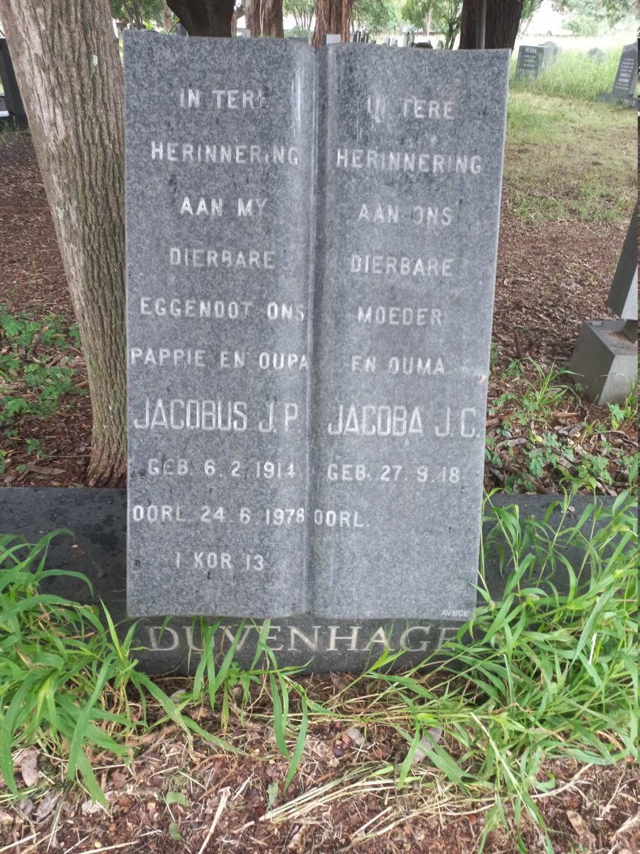 DUVENHAGE Jacobus J.P. 1914-1978 & Jacoba J.C. 1918-