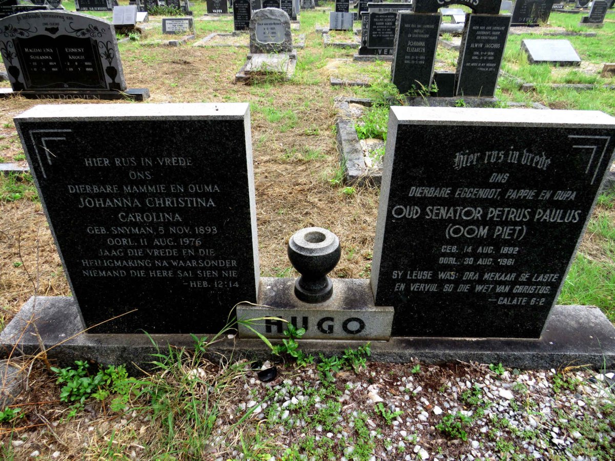 HUGO Petrus Paulus 1892-1961 & Johanna Christina Carolina nee SNYMAN 1893-1976 