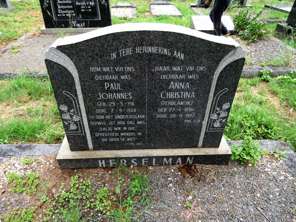 HERSELMAN Paul Johannes 1911-1968 & Anna Christina nee TERBLANCHE 1884-1977