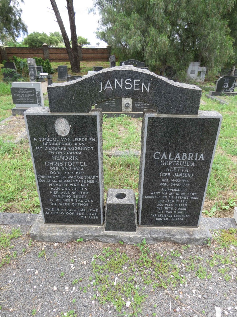 JANSEN Hendrik Christoffel 1934-1971 :: CALABRIA Gertruida Aletta nee JANSEN 1966-2001