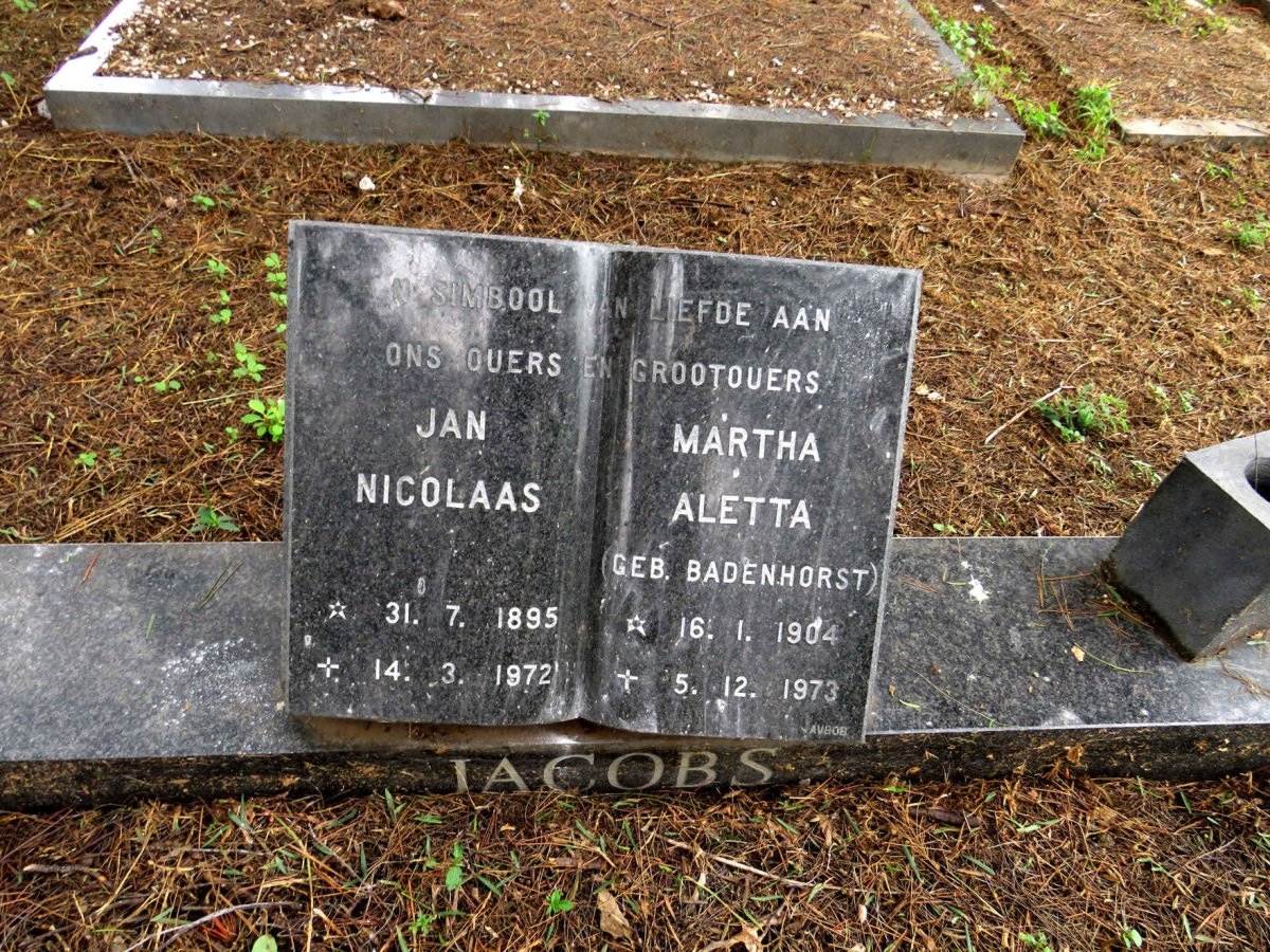 JACOBS Jan Nicolaas 1895-1972 & Martha Aletta BADENHORST 1904-1973