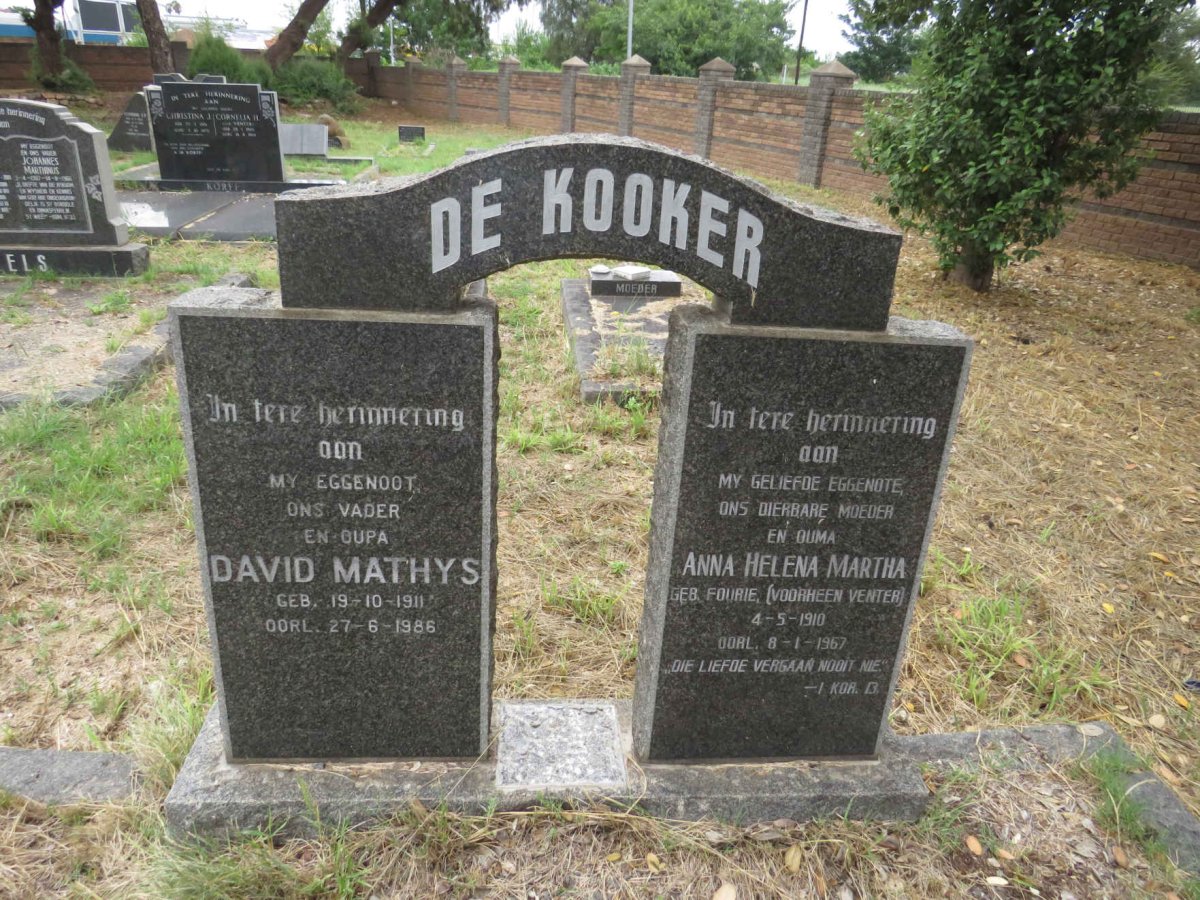 KOOKER David Mathys, de 1911-1986 & Anna Helena Martha voorheen VENTER nee FOURIE 1910-1967