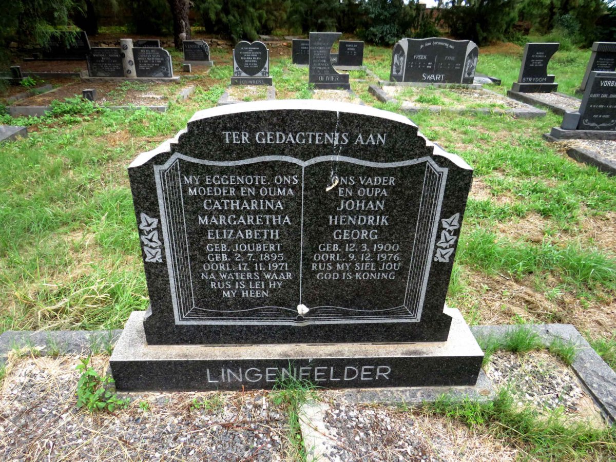LINGENFELDER Johan Hendrik Georg 1900-1976 & Catharina Margaretha Elizabeth nee JOUBERT 1895-1971