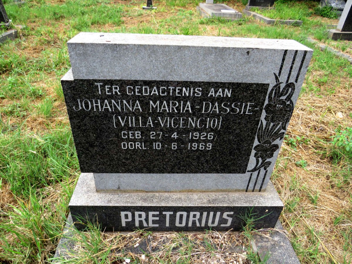 PRETORIUS Johanna Maria nee VILLA-VICENCIO 1926-1969 