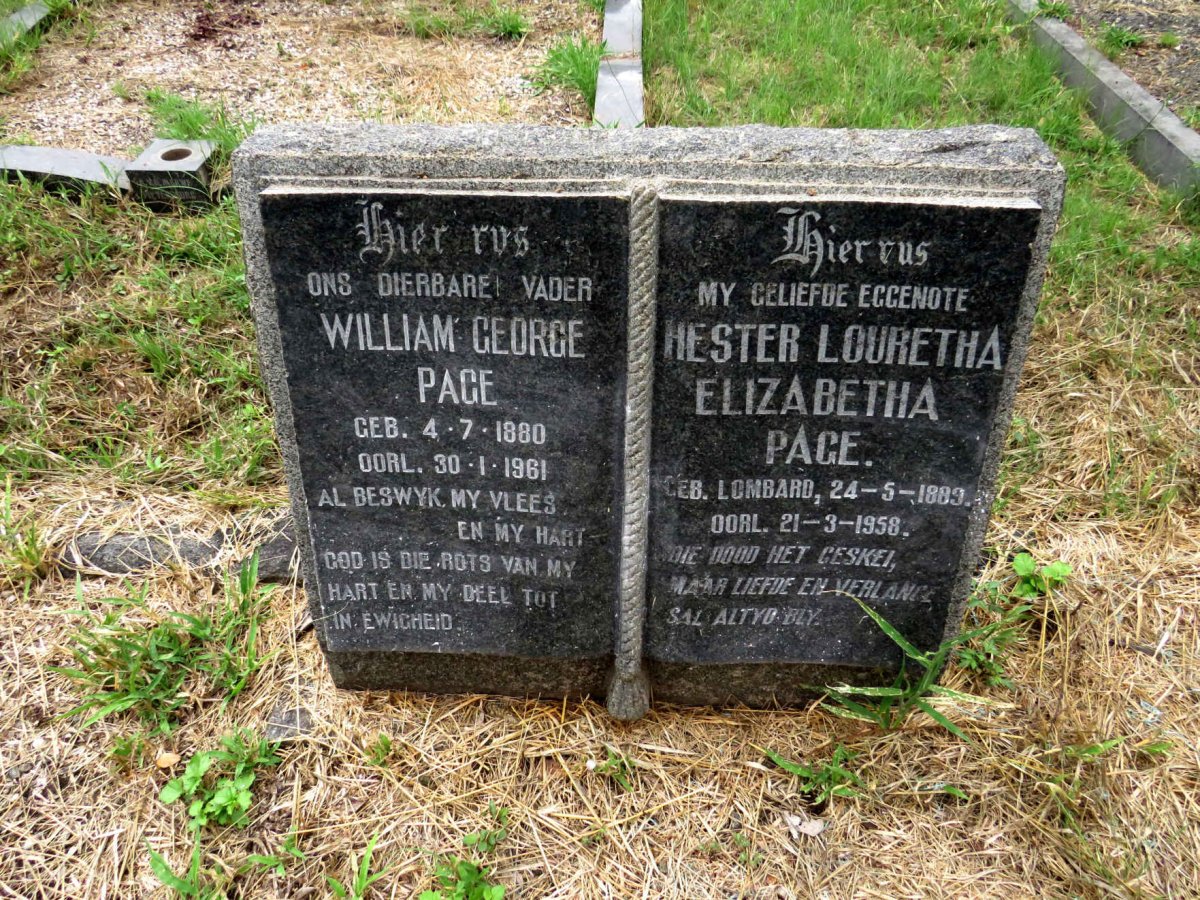 PAGE William George 1880-1961 & Hester Louretha Elizabetha nee LOMBARD 1889-1958