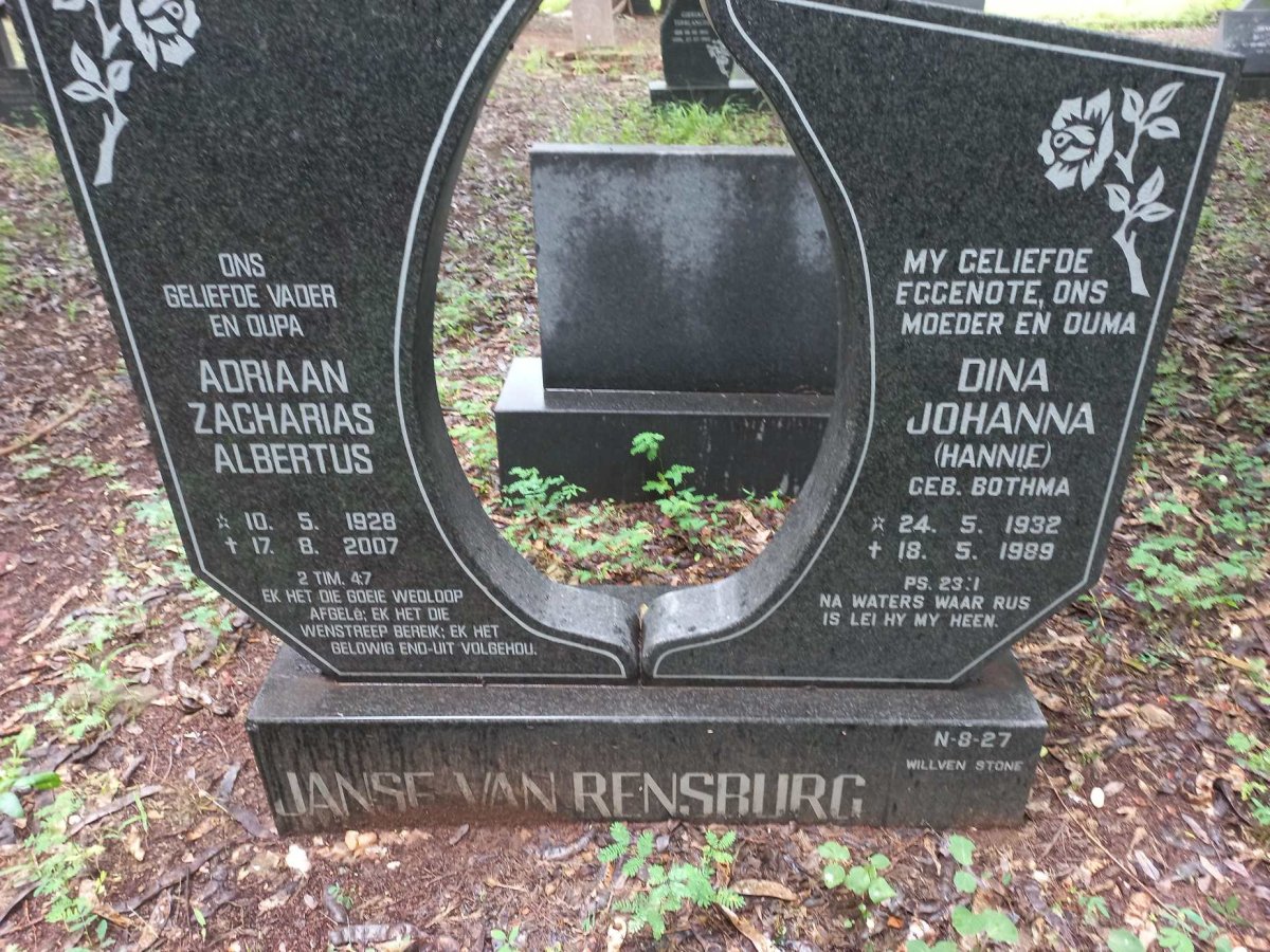 RENSBURG Adriaan Zacharias Albertus, Janse van 1928-2007 & Dina Johanna BOTHMA 1932-1989