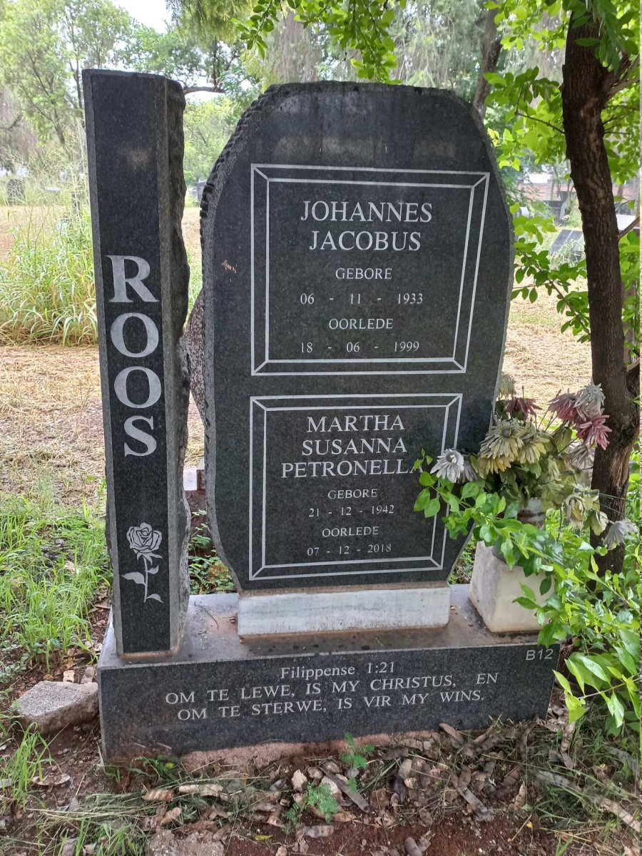 ROOS Johannes Jacobus 1933-1999 & Martha Susanna Petronella 1942-2018
