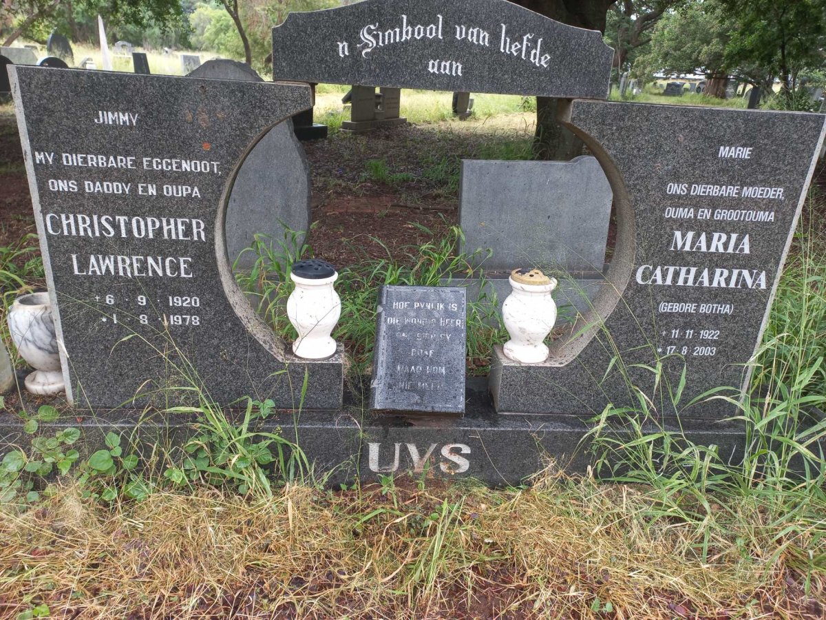 UYS Christopher Lawrence 1920-1978 & Maria Catharina BOTHA 1922-2003