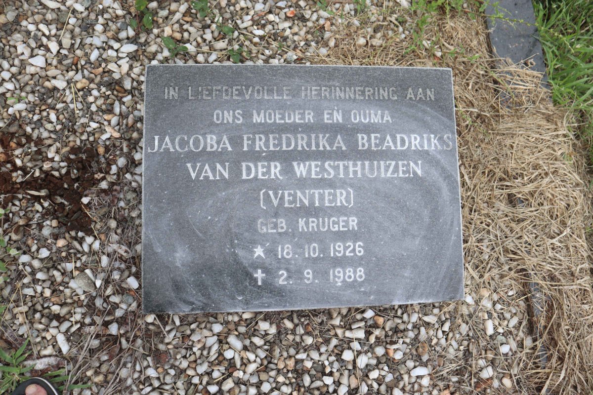 WESTHUIZEN Jacoba Fredrika Beadriks, van der voorheen VENTER nee KRUGER 1926-1988