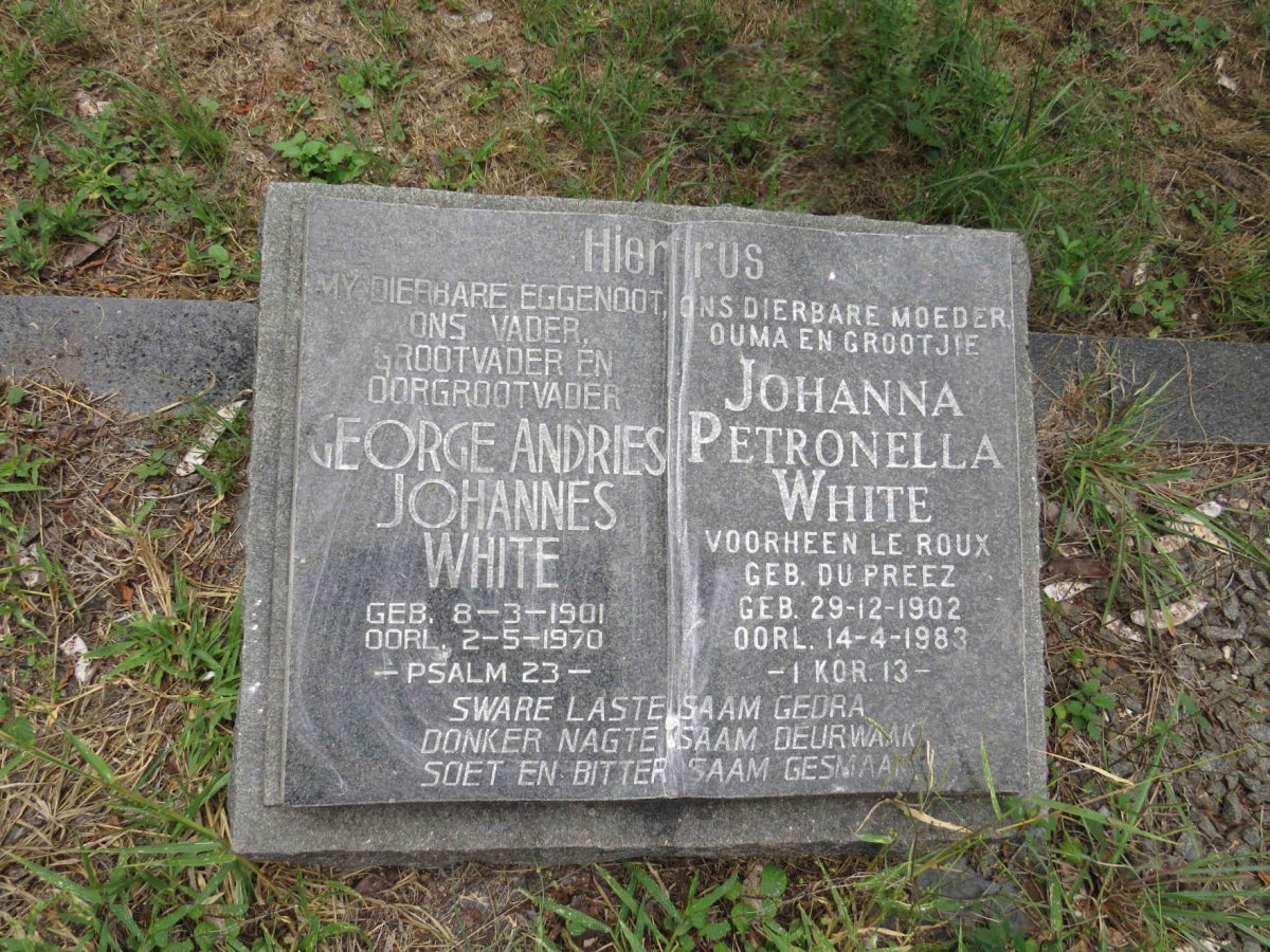 WHITE George Andries Johannes 1901-1970 & Johanna Petronella voorheen LE ROUX nee DU PREEZ 1902-1983